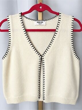 Double Zero Cream V-Neck Knit Vest with Black Stitch Trim